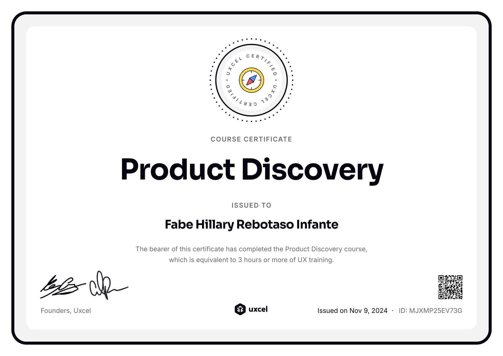 Fabe Hillary Rebotaso Infante's certificate